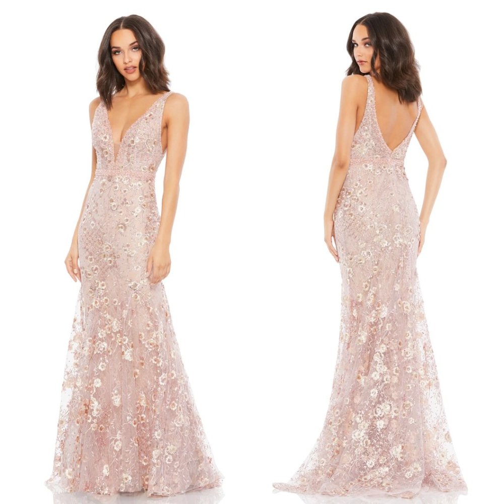 Mac Duggal Blush Pink Sequin Floral Plunge Prom Gown